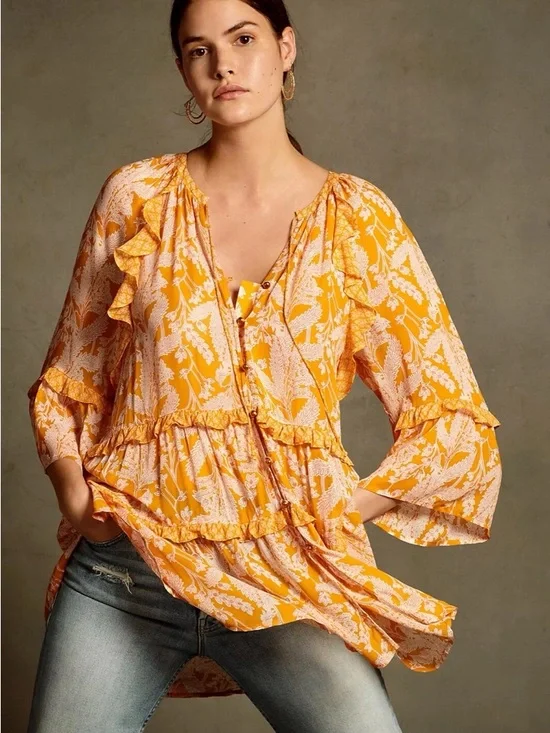 Anthropologie Mia Tiered Boho Ruffle Peasant Tunic Top - Yellow Floral - Picture 2 of 12